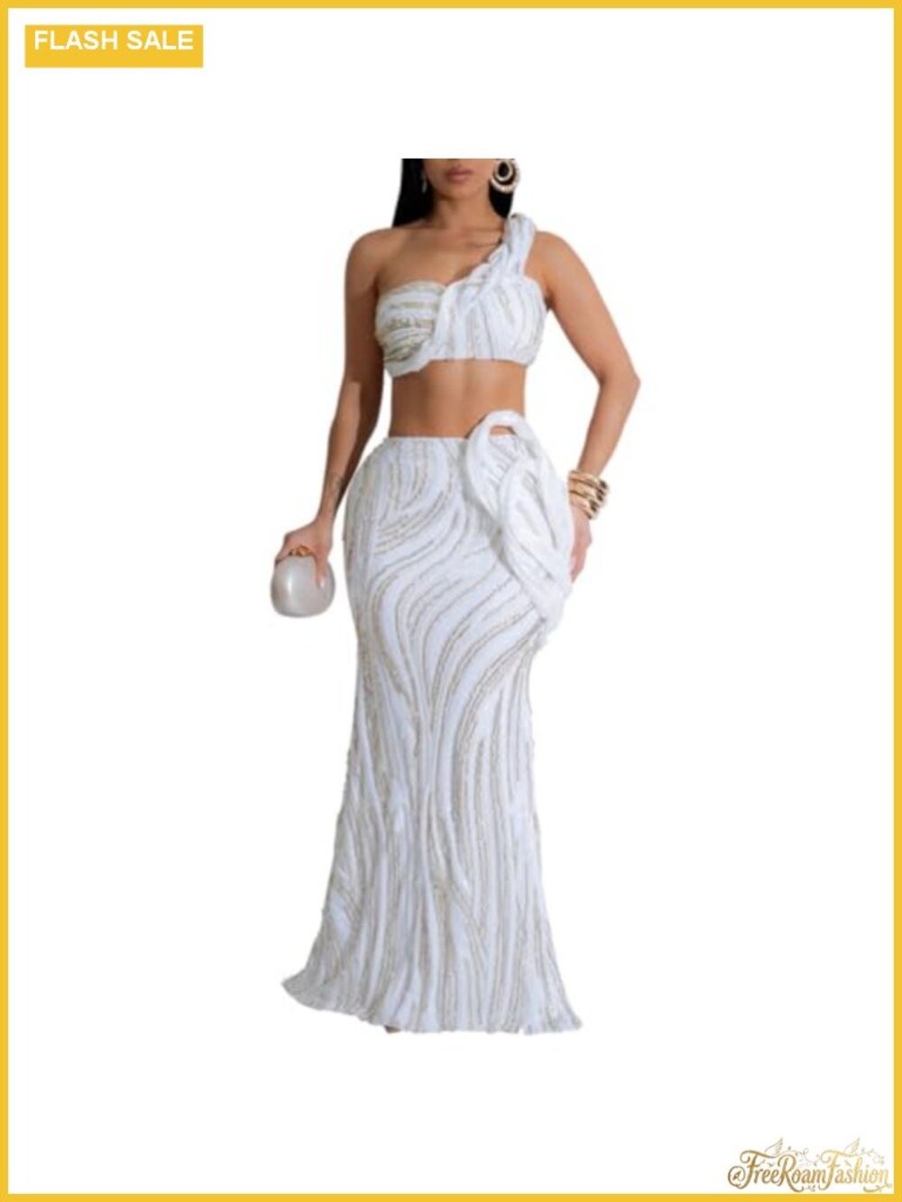Sequin One Shoulder Crop Top & Bodycon Maxi Skirt 2 Piece Set Sparkly Party